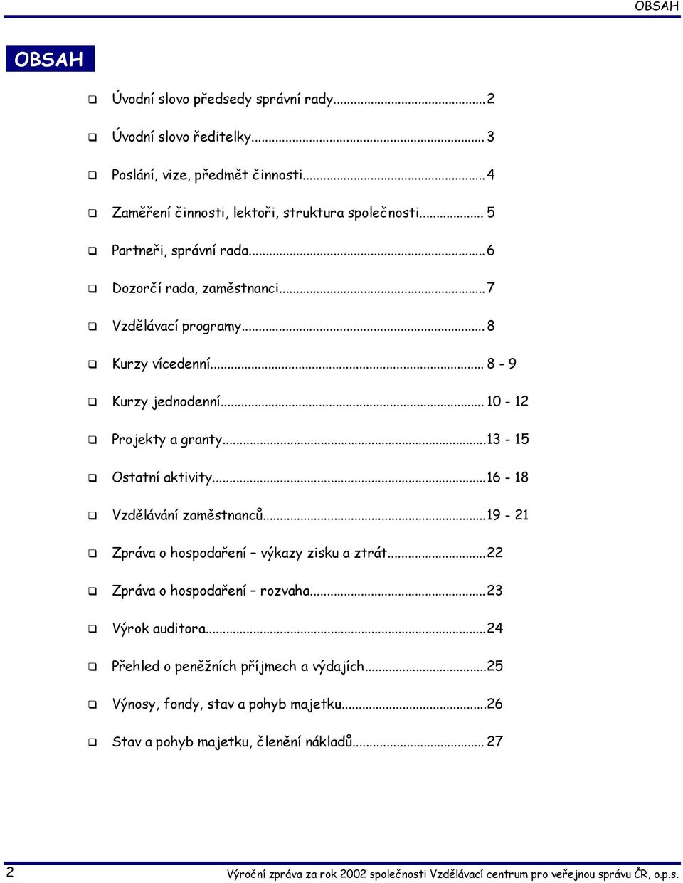 .. 13-15 Ostatní aktivity... 16-18 Vzdělávání zaměstnanců... 19-21 Zpráva o hospodaření výkazy zisku a ztrát... 22 Zpráva o hospodaření rozvaha... 23 Výrok auditora.