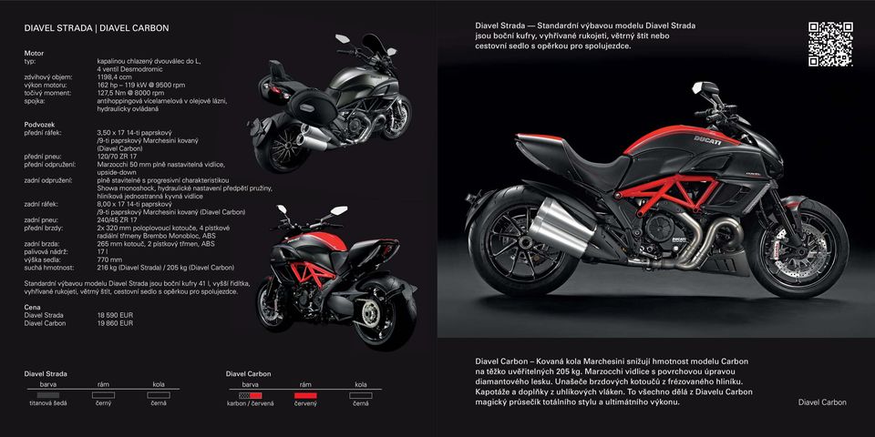 přední ráfek: 3,50 x 17 14-ti paprskový /9-ti paprskový Marchesini kovaný (Diavel Carbon) přední pneu: 120/70 ZR 17 přední odpružení: Marzocchi 50 mm plně nastavitelná vidlice, upside-down plně