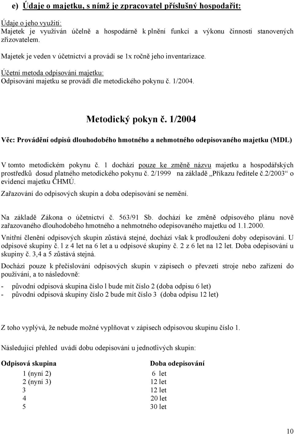 1/2004 Věc: Provádění odpisů dlouhodobého hmotného a nehmotného odepisovaného majetku (MDL) V tomto metodickém pokynu č.