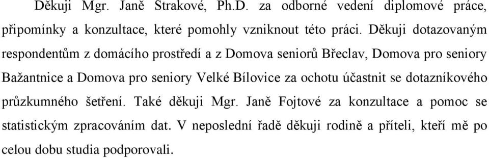 seniory Velké Bílovice za ochotu účastnit se dotazníkového průzkumného šetření. Také děkuji Mgr.