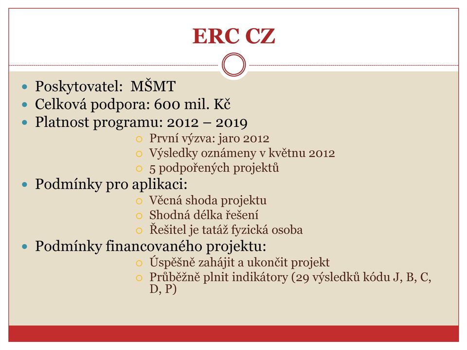 podpořených projektů Podmínky pro aplikaci: Věcná shoda projektu Shodná délka řešení Řešitel je