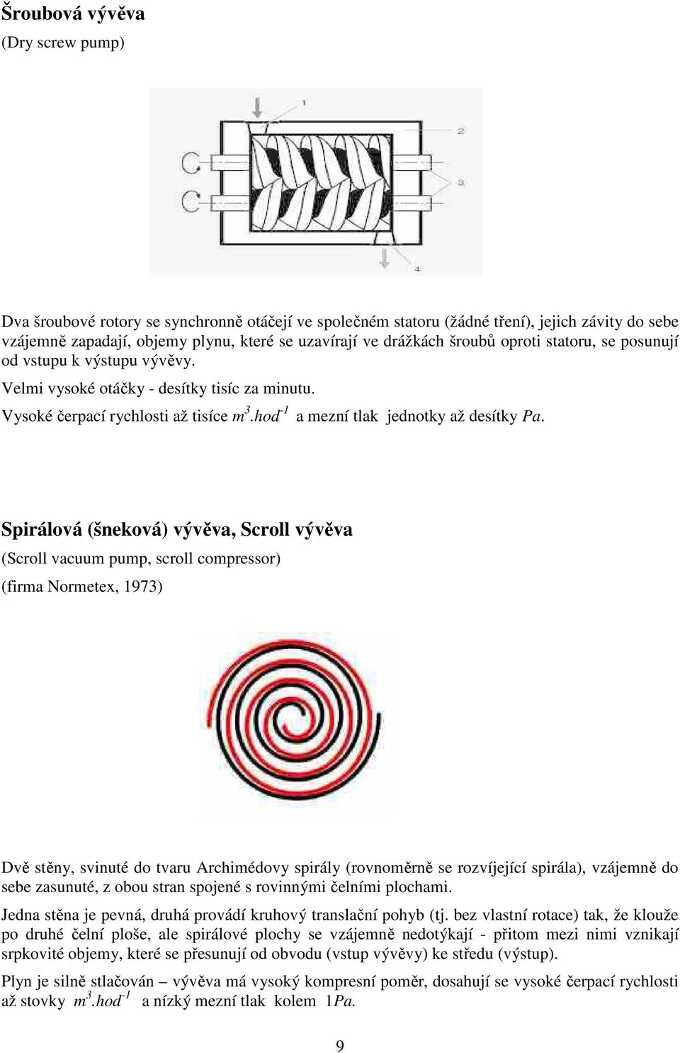 Spirálová (šneková) vývěva, Scroll vývěva (Scroll vacuum pump, scroll compressor) (firma Normetex, 1973) Dvě stěny, svinuté do tvaru Archimédovy spirály (rovnoměrně se rozvíjející spirála), vzájemně