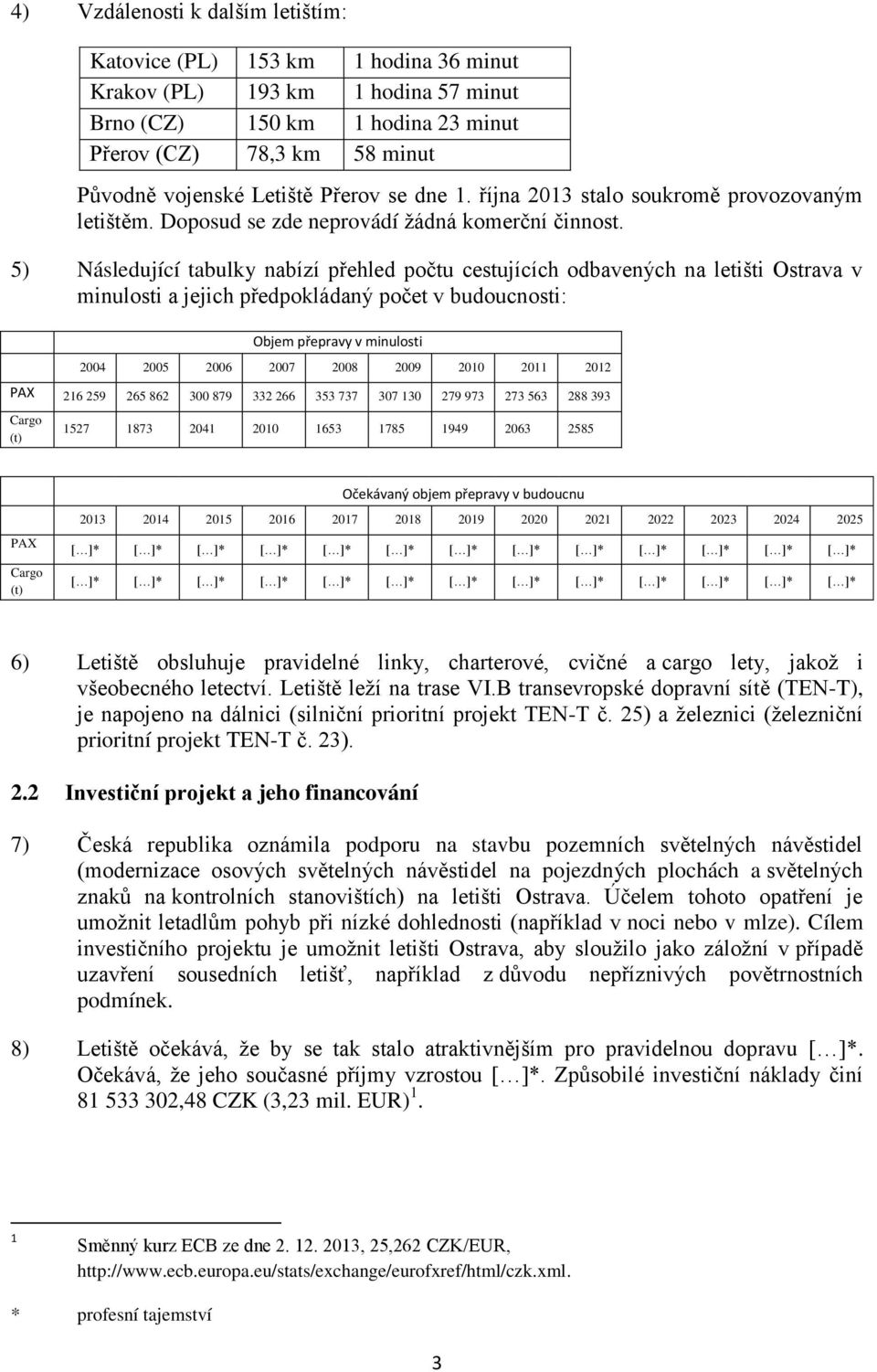 5) Následující tabulky nabízí přehled počtu cestujících odbavených na letišti Ostrava v minulosti a jejich předpokládaný počet v budoucnosti: Objem přepravy v minulosti 2004 2005 2006 2007 2008 2009