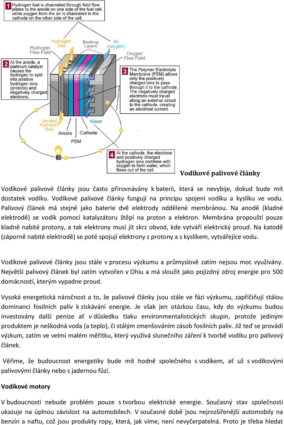 Na anodě (kladné elektrodě) se vodík pomocí katalyzátoru štěpí na proton a elektron. Membrána propouští pouze kladně nabité protony, a tak elektrony musí jít skrz obvod, kde vytváří elektrický proud.