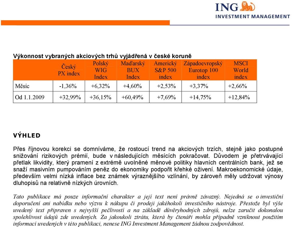 1.2009 +32,99% +36,15% +60,49% +7,69% +14,75% +12,84% VÝHLED Přes říjnovou korekci se domníváme, že rostoucí trend na akciových trzích, stejně jako postupné snižování rizikových prémií, bude v