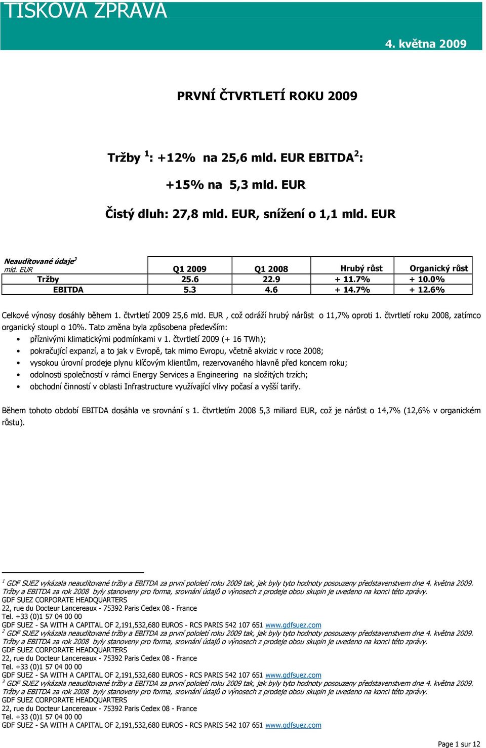 EUR, což odráží hrubý nárůst o 11,7% oproti 1. čtvrtletí roku 2008, zatímco organický stoupl o 10%. Tato změna byla způsobena především: příznivými klimatickými podmínkami v 1.