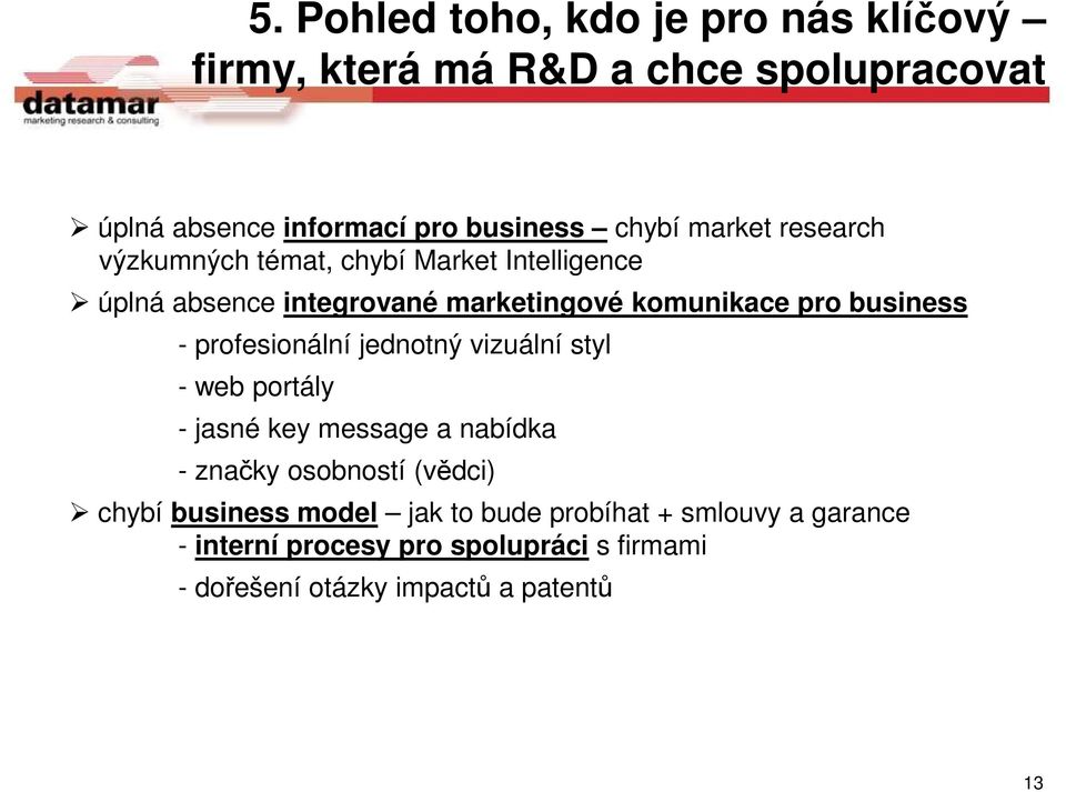 profesionální jednotný vizuální styl - web portály - jasné key message a nabídka - značky osobností (vědci) chybí business