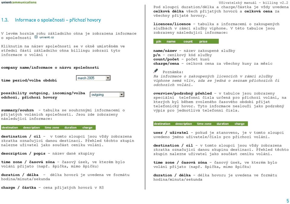 tabulka se souhrnnými informacemi o přijatých voláních společnosti. Jsou zde zobrazeny následující informace: Uživatelský manuál billing v2.