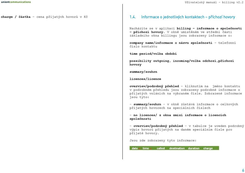 outgoing, incoming/volba odchozí,příchozí hovory summary/souhrn licences/licence overview/podrobný přehled - kliknutím na jméno kontaktu v podrobném přehledu jsou zobrazeny podrobné informace o