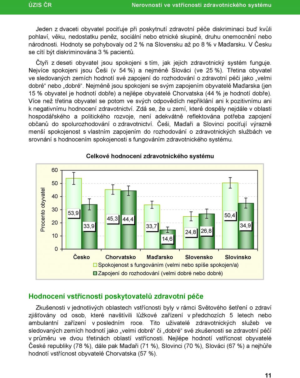 Čtyři z deseti obyvatel jsou spokojeni s tím, jak jejich zdravotnický systém funguje. Nejvíce spokojeni jsou Češi (v 54 %) a nejméně Slováci (ve 25 %).