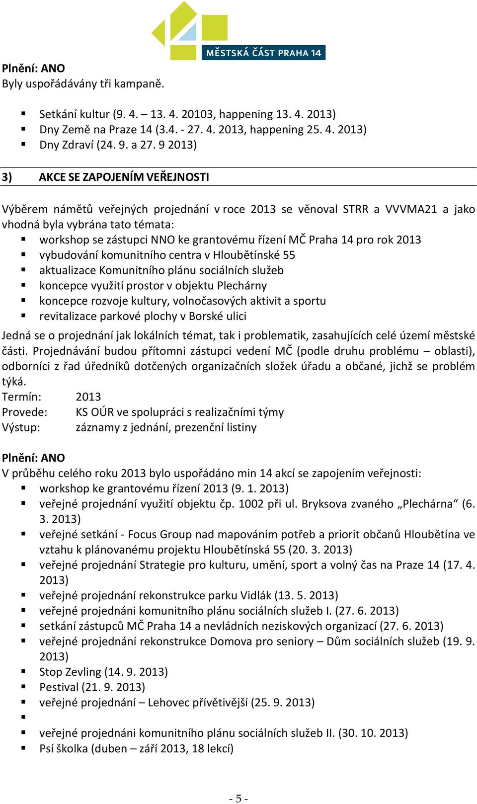 MČ Praha 14 pro rok 2013 vybudování komunitního centra v Hloubětínské 55 aktualizace Komunitního plánu sociálních služeb koncepce využití prostor v objektu Plechárny koncepce rozvoje kultury,