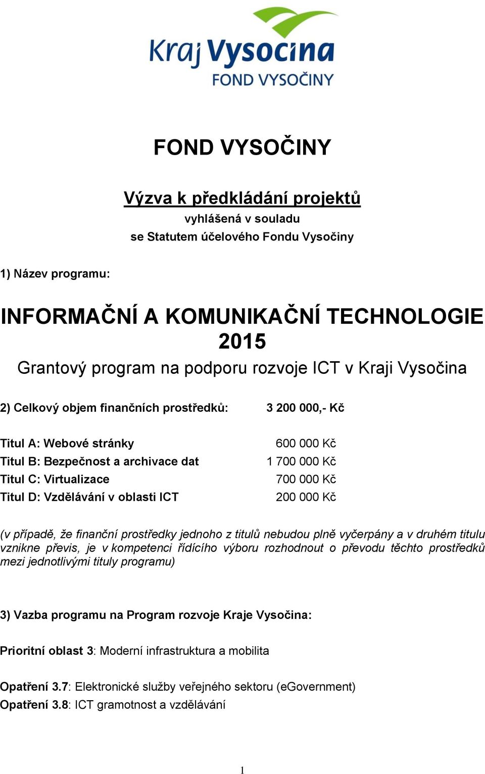 700 000 Kč 200 000 Kč (v případě, že finanční prstředky jednh z titulů nebudu plně vyčerpány a v druhém titulu vznikne převis, je v kmpetenci řídícíh výbru rzhdnut převdu těcht prstředků mezi