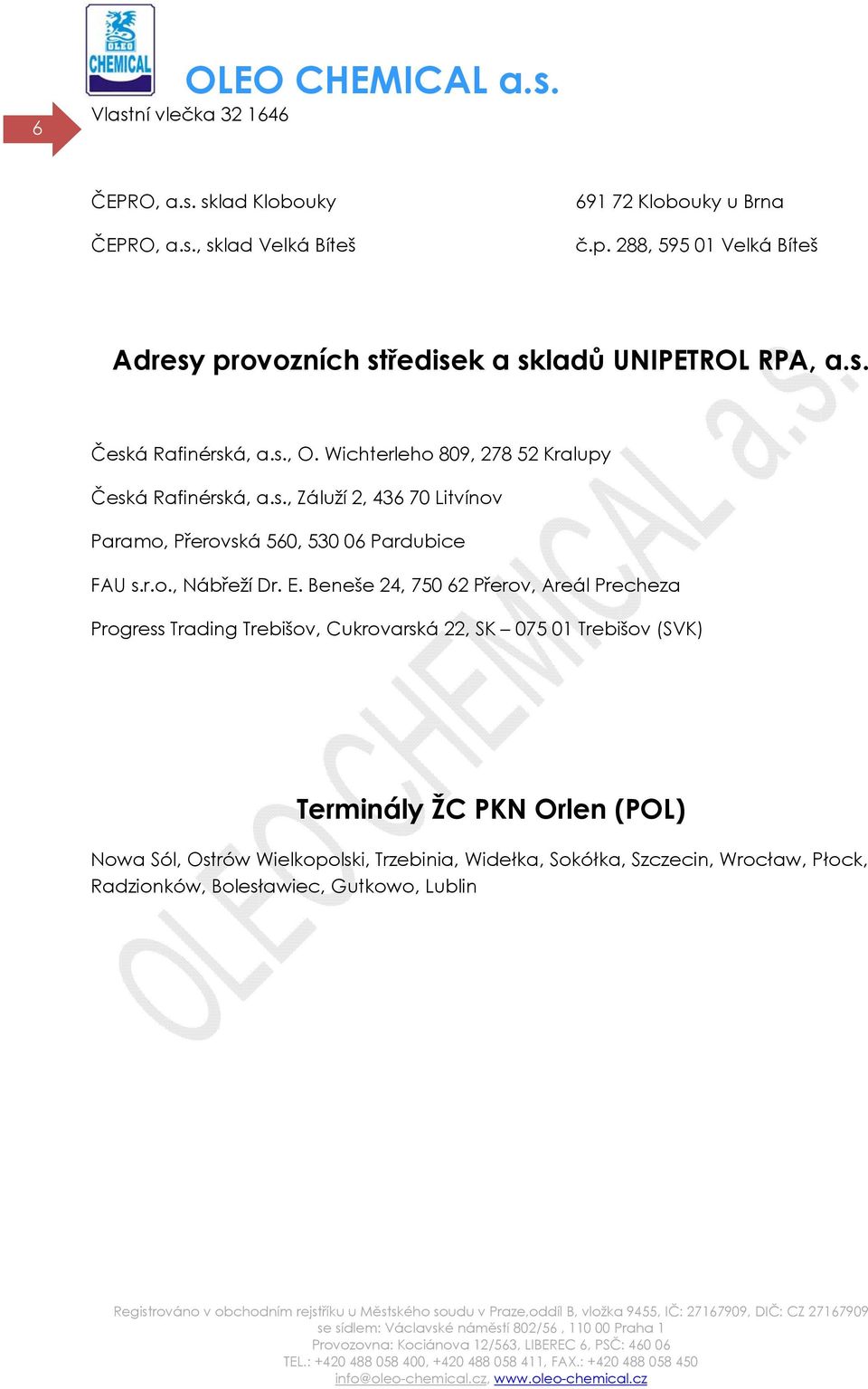 Wichterleho 809, 278 52 Kralupy Česká Rafinérská, a.s., Záluží 2, 436 70 Litvínov Paramo, Přerovská 560, 530 06 Pardubice FAU s.r.o., Nábřeží Dr. E.