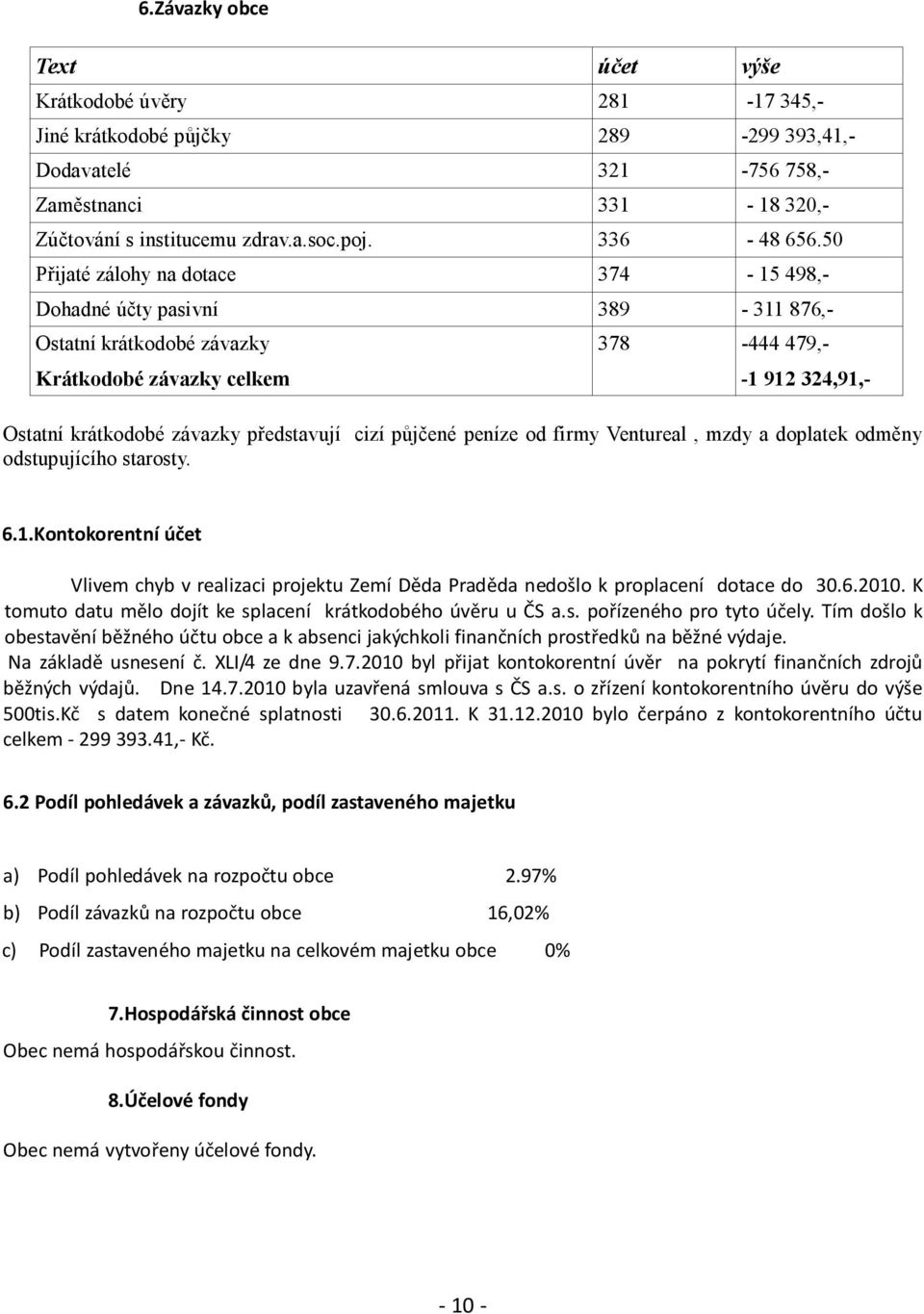 50 Přijaté zálohy na dotace 374-15 498,- Dohadné účty pasivní 389-311 876,- Ostatní krátkodobé závazky 378-444 479,- Krátkodobé závazky celkem -1 912 324,91,- Ostatní krátkodobé závazky představují