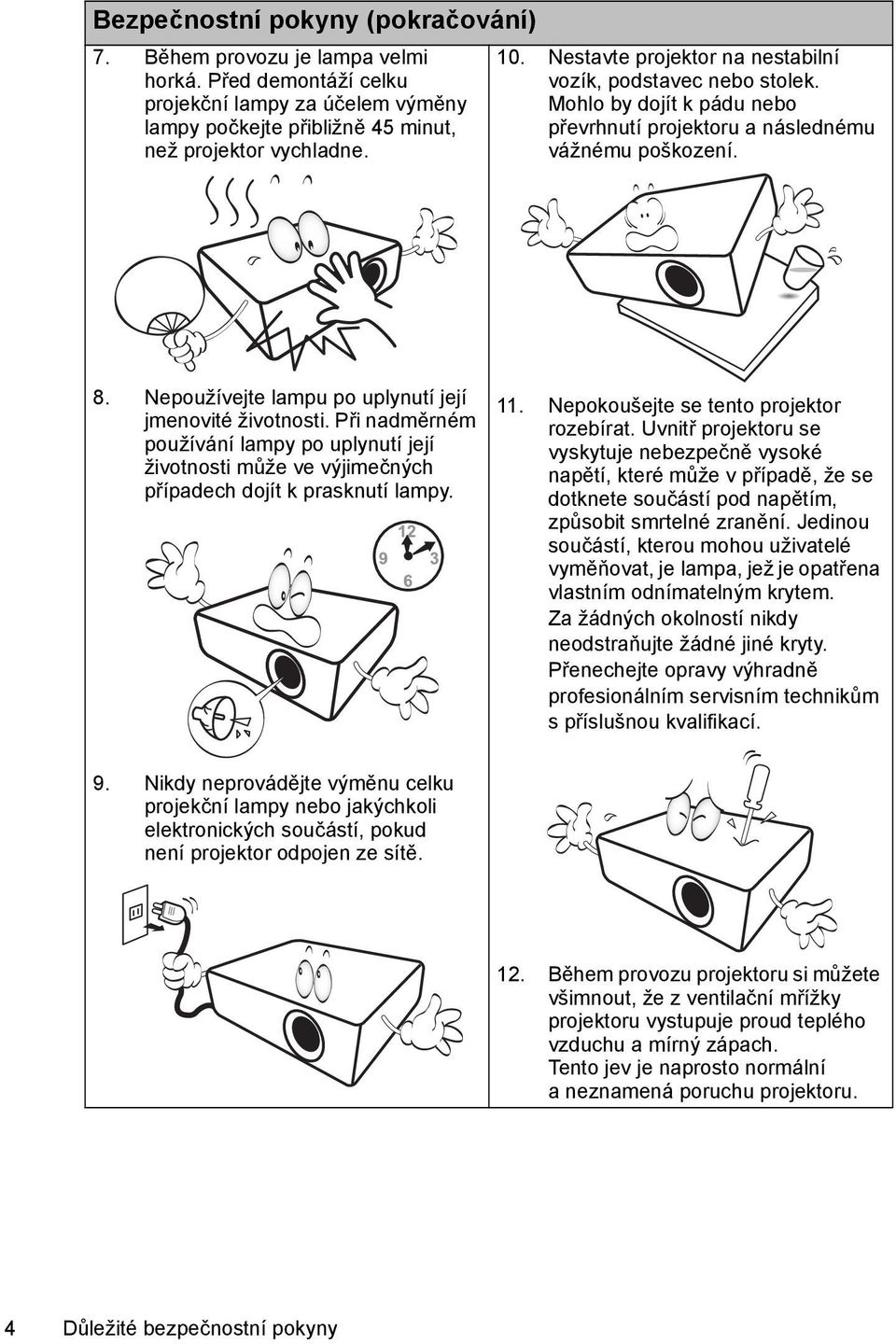 Nepoužívejte lampu po uplynutí její jmenovité životnosti. Při nadměrném používání lampy po uplynutí její životnosti může ve výjimečných případech dojít k prasknutí lampy. 11.