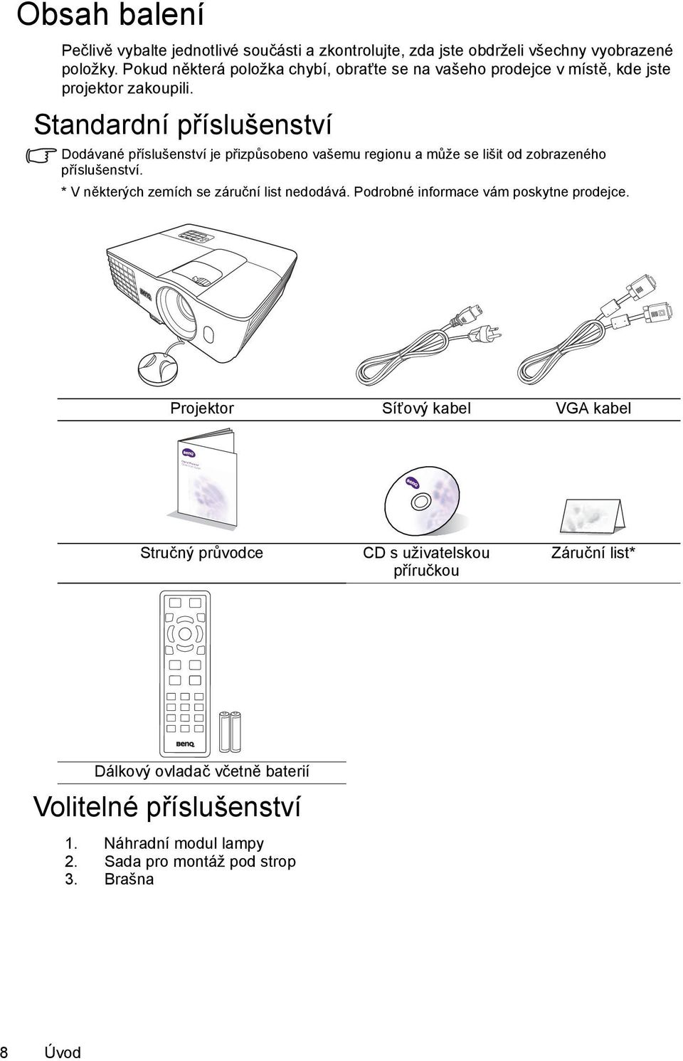 Standardní příslušenství Dodávané příslušenství je přizpůsobeno vašemu regionu a může se lišit od zobrazeného příslušenství.