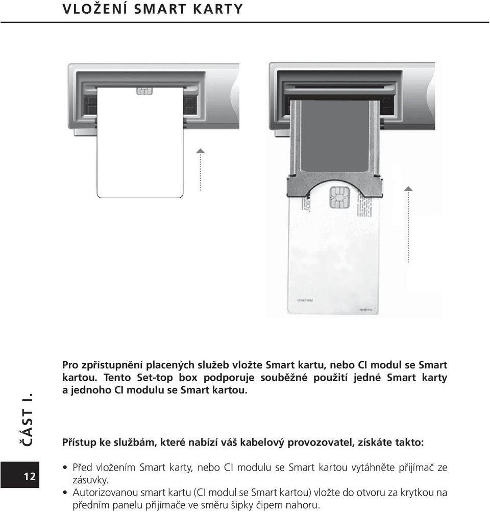 Přístup ke službám, které nabízí váš kabelový provozovatel, získáte takto: Před vložením Smart karty, nebo CI modulu se Smart