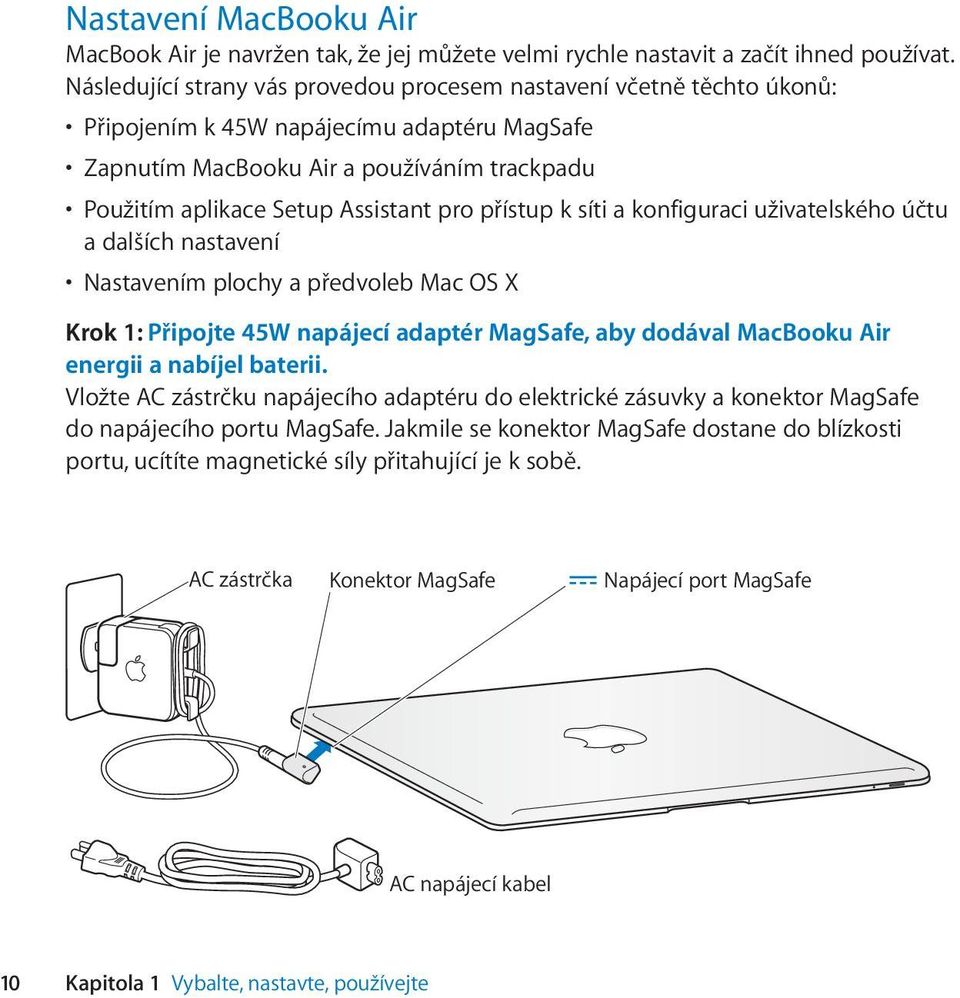 přístup k síti a konfiguraci uživatelského účtu a dalších nastavení Nastavením plochy a předvoleb Mac OS X Krok 1: Připojte 45W napájecí adaptér MagSafe, aby dodával MacBooku Air energii a nabíjel