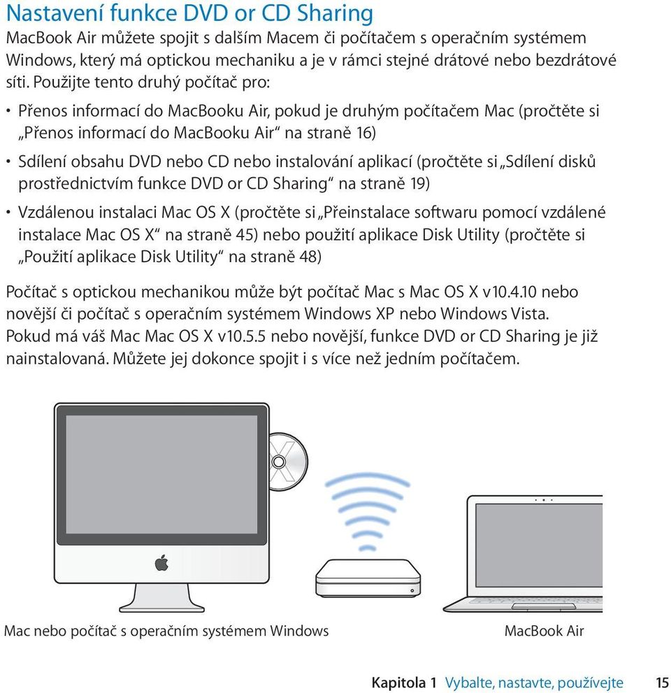 instalování aplikací (pročtěte si Sdílení disků prostřednictvím funkce DVD or CD Sharing na straně 19) Vzdálenou instalaci Mac OS X (pročtěte si Přeinstalace softwaru pomocí vzdálené instalace Mac OS