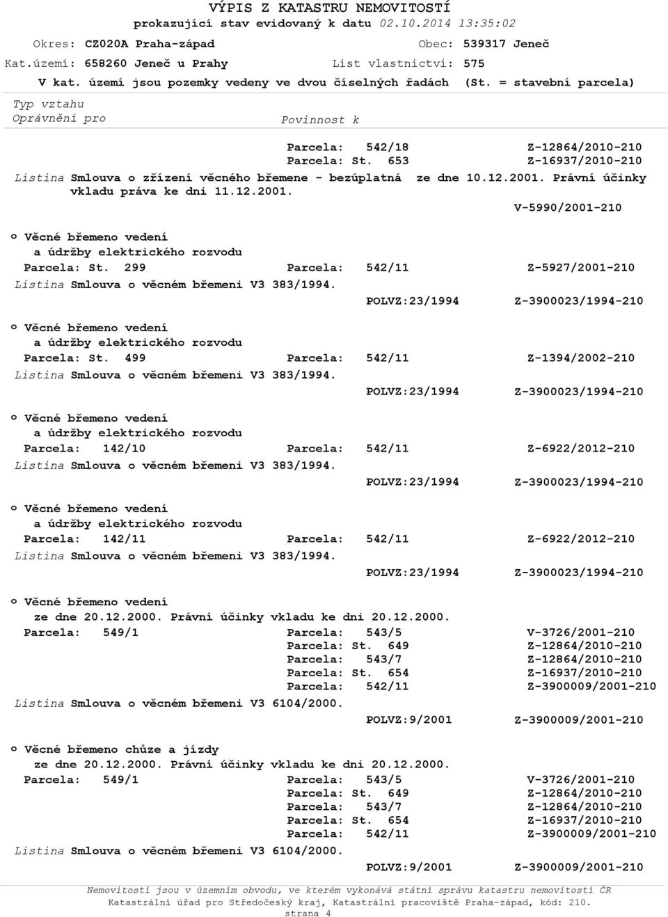 a údržby elektrickéh rzvdu Parcela: 142/10 Smluva věcném břemeni V3 383/1994. a údržby elektrickéh rzvdu Parcela: 142/11 Smluva věcném břemeni V3 383/1994. ze dne 20.12.2000.