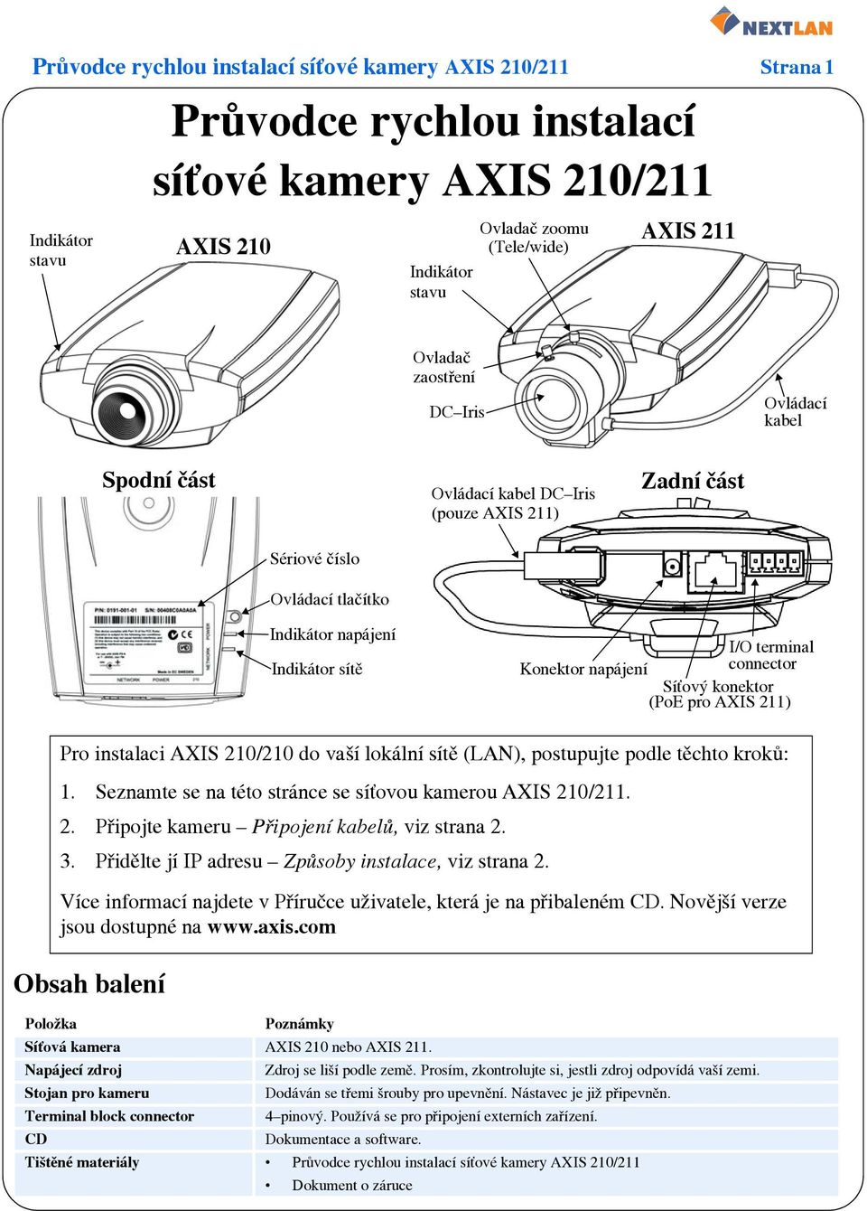 napájení connector Síťový konektor (PoE pro AXIS 211) Obsah balení Položka Poznámky Síťová kamera AXIS 210 nebo AXIS 211. Napájecí zdroj Zdroj se liší podle země.