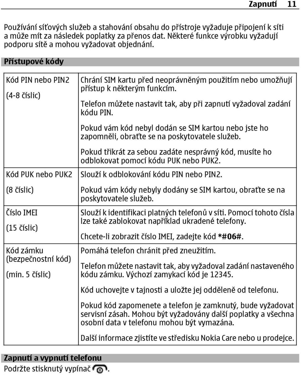 Přístupové kódy Kód PIN nebo PIN2 (4-8 číslic) Kód PUK nebo PUK2 (8 číslic) Číslo IMEI (15 číslic) Kód zámku (bezpečnostní kód) (min.