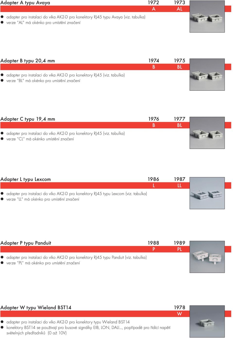 tabulka) verze "BL" má okénko pro umístění značení Adapter C typu 19,4 mm 1976 1977 B BL adapter pro instalaci do víko AK2-D pro konektory RJ45 (viz.