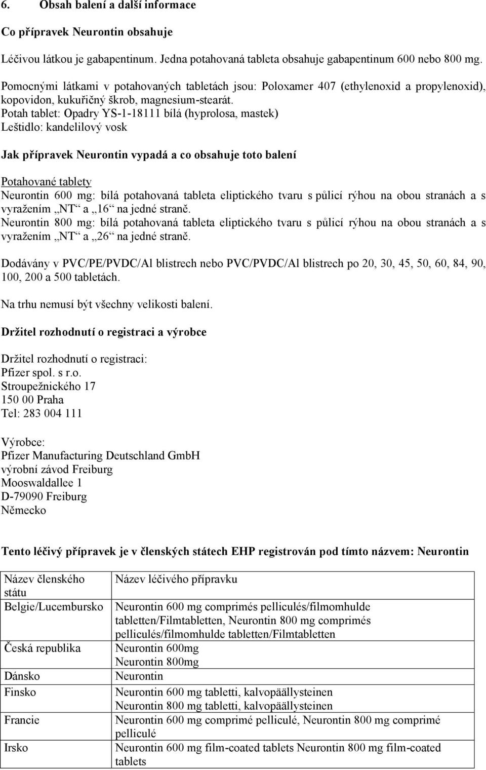 Potah tablet: Opadry YS-1-18111 bílá (hyprolosa, mastek) Leštidlo: kandelilový vosk Jak přípravek Neurontin vypadá a co obsahuje toto balení Potahované tablety Neurontin 600 mg: bílá potahovaná