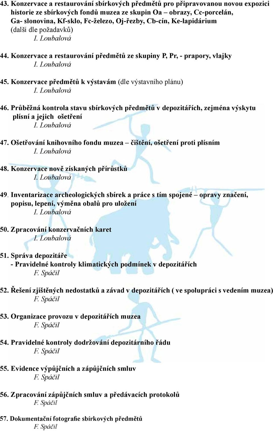 Konzervace předmětů k výstavám (dle výstavního plánu) I. Loubalová 46. Průběžná kontrola stavu sbírkových předmětů v depozitářích, zejména výskytu plísní a jejich ošetření I. Loubalová 47.