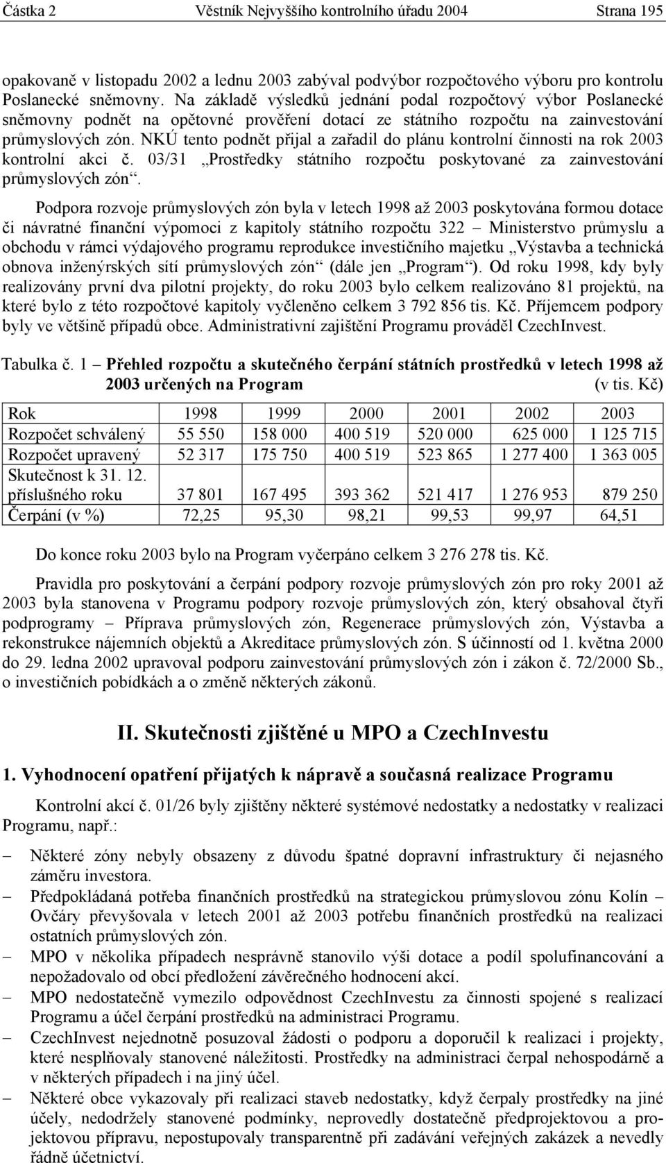 NKÚ tento podnět přijal a zařadil do plánu kontrolní činnosti na rok 2003 kontrolní akci č. 03/31 Prostředky státního rozpočtu poskytované za zainvestování průmyslových zón.