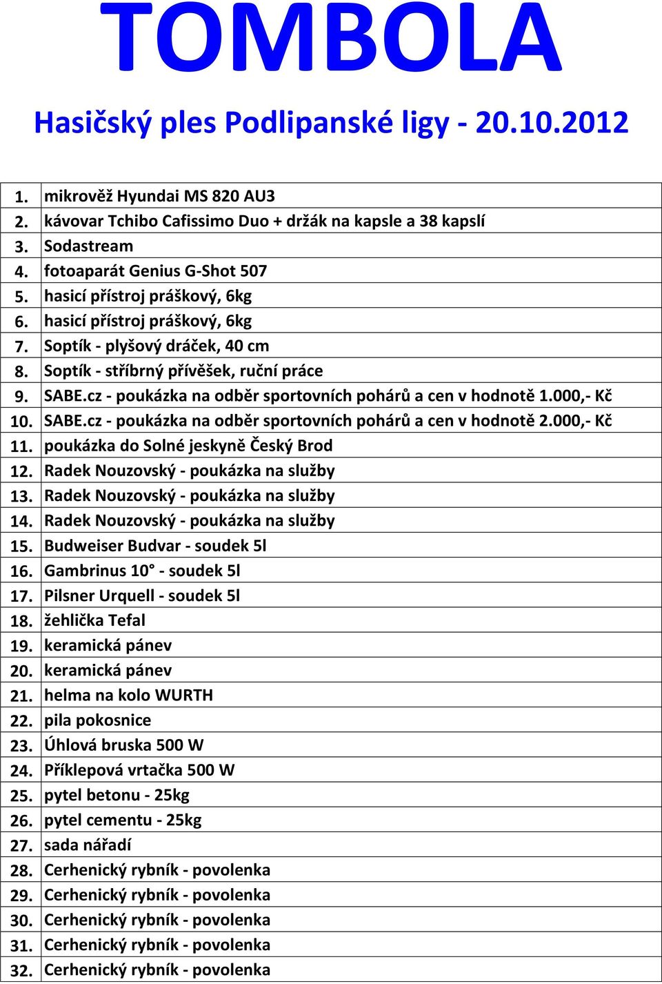 cz - poukázka na odběr sportovních pohárů a cen v hodnotě 1.000,- Kč 10. SABE.cz - poukázka na odběr sportovních pohárů a cen v hodnotě 2.000,- Kč 11. poukázka do Solné jeskyně Český Brod 12.