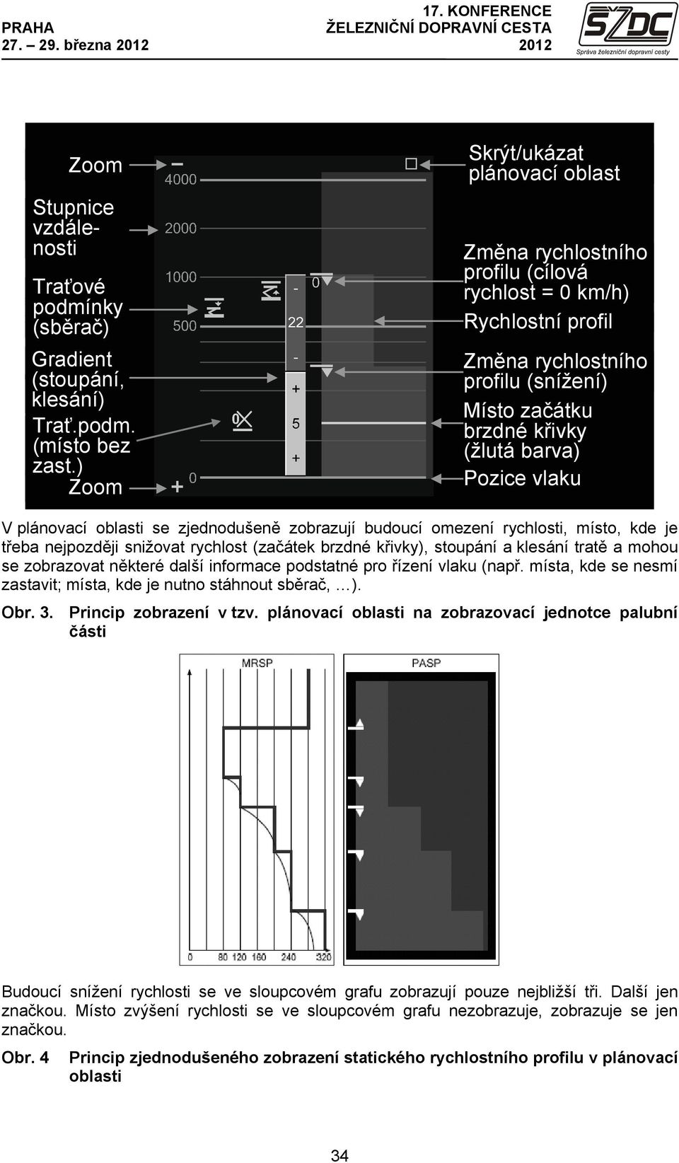 vlaku V plánovací oblasti se zjednodušeně zobrazují budoucí omezení rychlosti, místo, kde je třeba nejpozději snižovat rychlost (začátek brzdné křivky), stoupání a klesání tratě a mohou se zobrazovat