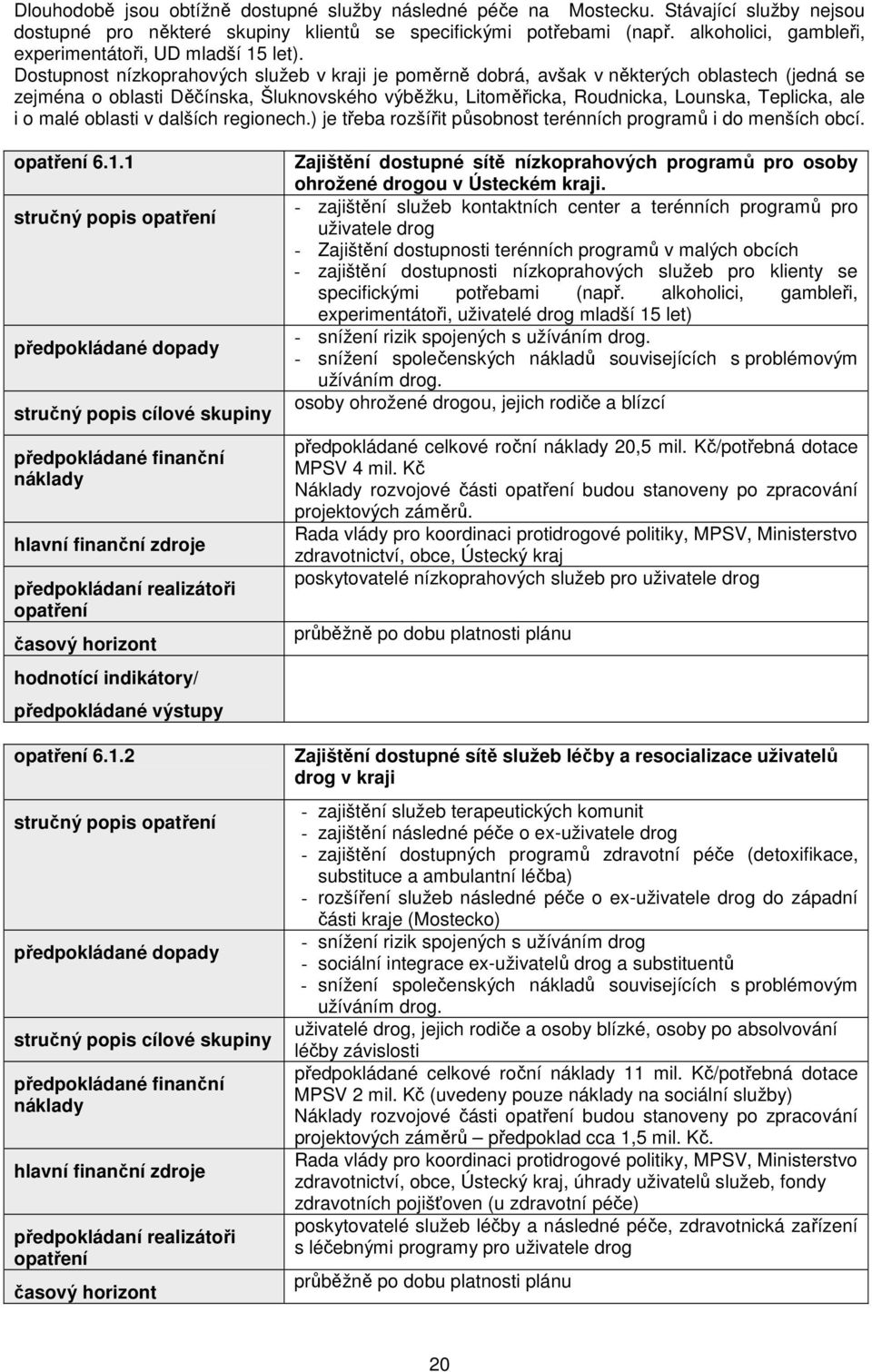 Dostupnost nízkoprahových služeb v kraji je poměrně dobrá, avšak v některých oblastech (jedná se zejména o oblasti Děčínska, Šluknovského výběžku, Litoměřicka, Roudnicka, Lounska, Teplicka, ale i o