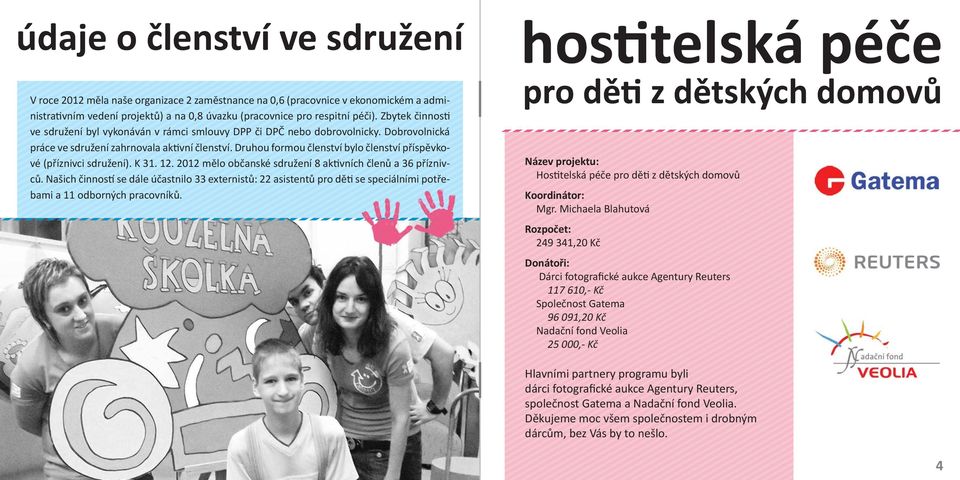Druhou formou členství bylo členství příspěvkové (příznivci sdružení). K 31. 12. 2012 mělo občanské sdružení 8 ak vních členů a 36 příznivců.