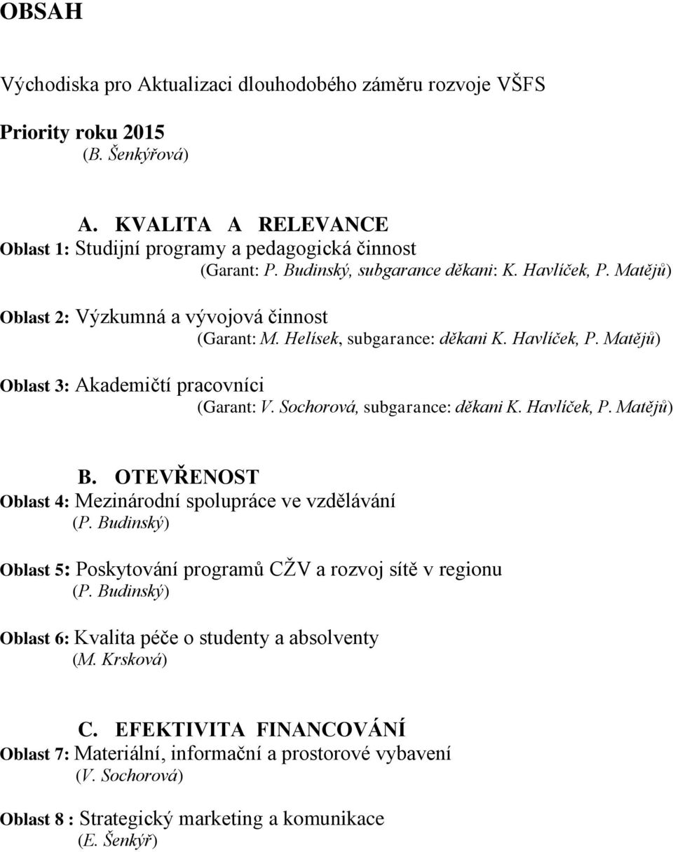 Sochorová, subgarance: děkani K. Havlíček, P. Matějů) B. OTEVŘENOST Oblast 4: Mezinárodní spolupráce ve vzdělávání (P. Budinský) Oblast 5: Poskytování programů CŽV a rozvoj sítě v regionu (P.