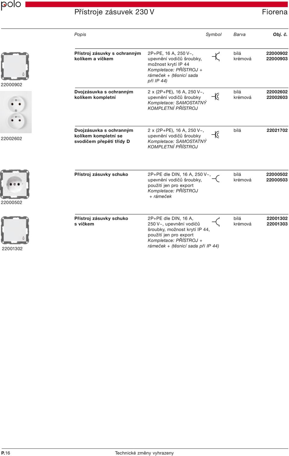 Dvojzásuvka s ochranným 2 x (2P+PE), 16 A, 250 V~, bílá 22002602 kolíkem kompletní upevnění vodičů šroubky krémová 22002603 SAMOSTATNÝ KOMPLETNÍ PŘÍSTROJ 22002602 Dvojzásuvka s ochranným 2 x (2P+PE),