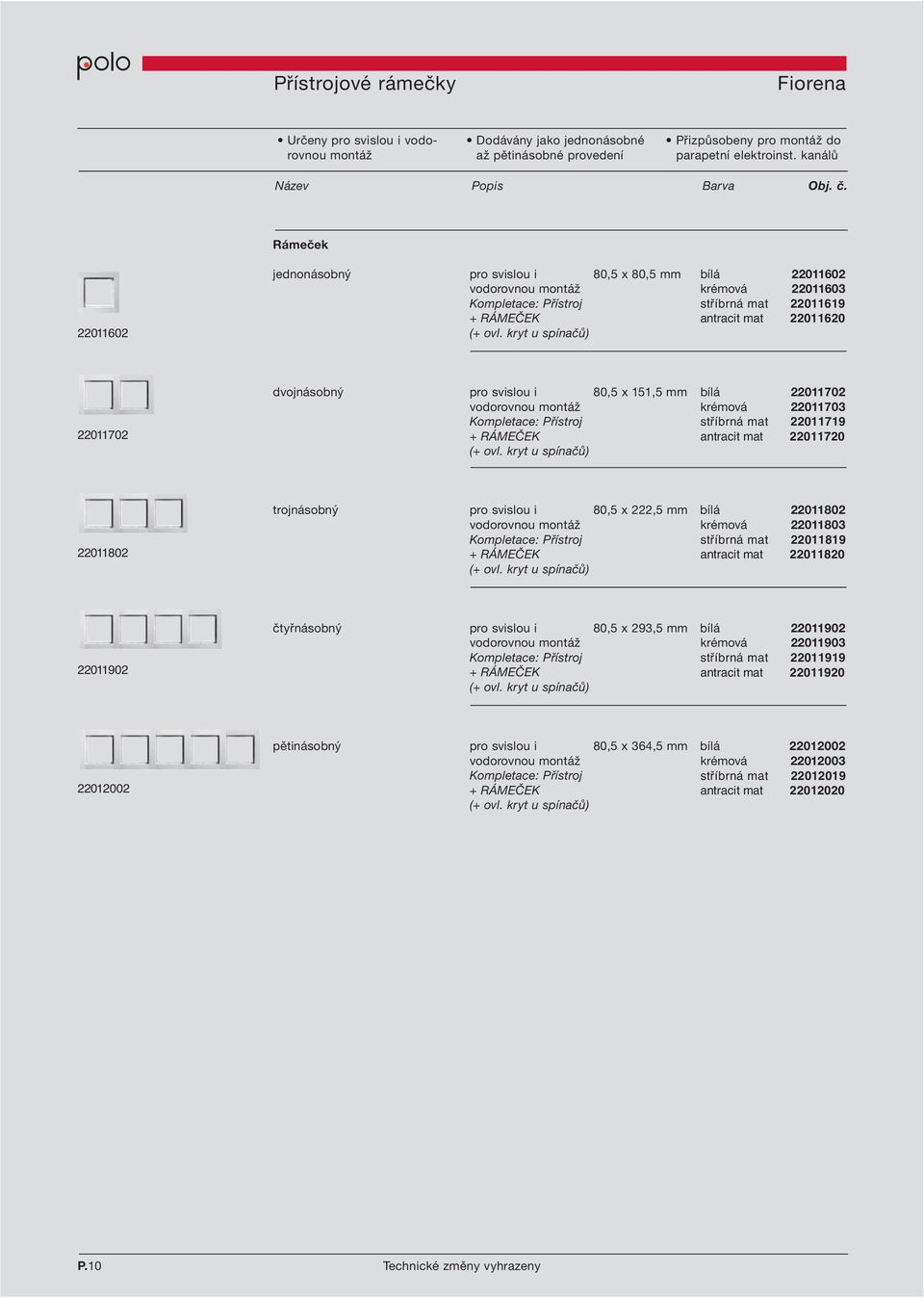 kryt u spínačů) stříbrná mat antracit mat 22011619 22011620 22011702 dvojnásobný pro svislou i 80,5 x 151,5 mm bílá 22011702 vodorovnou montáž krémová 22011703 Přístroj + RÁMEČEK (+ ovl.