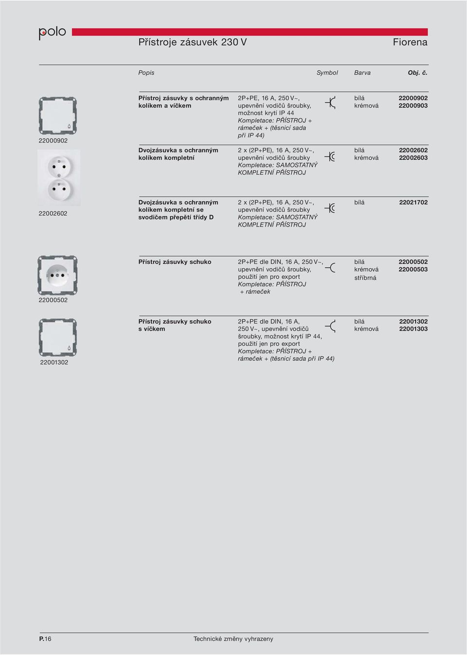 220009 9 220009 0 Dvojzásuvka s ochranným 2 x (2P+PE), 16 A, 250 V~, bílá 22002602 kolíkem kompletní upevnění vodičů šroubky krémová 22002603 SAMOSTATNÝ KOMPLETNÍ PŘÍSTROJ 22002602 Dvojzásuvka s