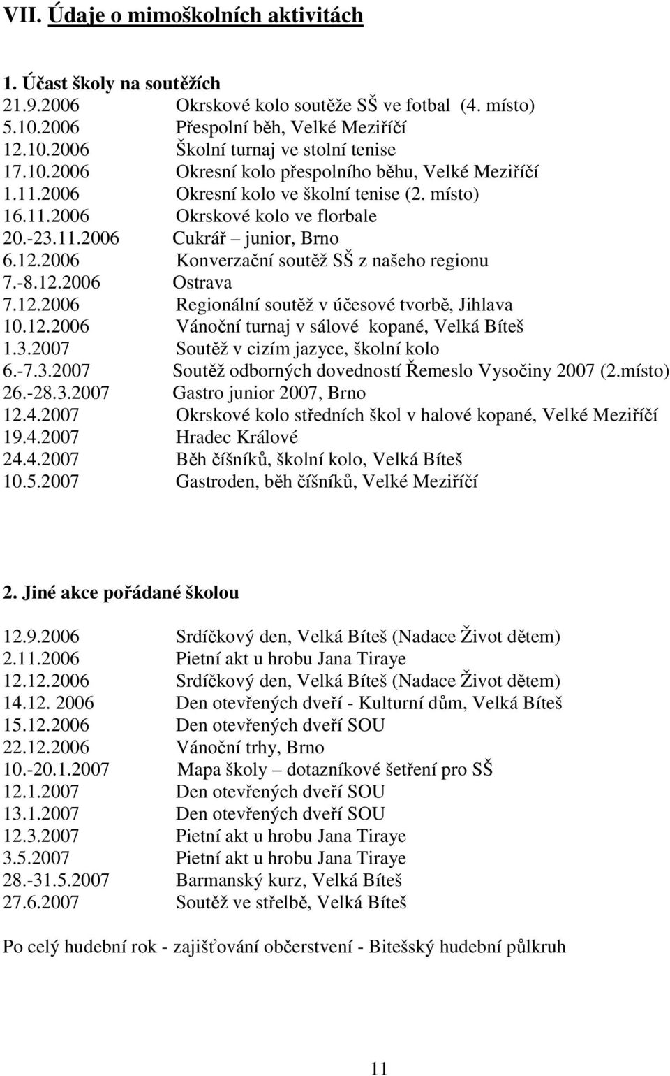 2006 Konverzační soutěž SŠ z našeho regionu 7.-8.12.2006 Ostrava 7.12.2006 Regionální soutěž v účesové tvorbě, Jihlava 10.12.2006 Vánoční turnaj v sálové kopané, Velká Bíteš 1.3.