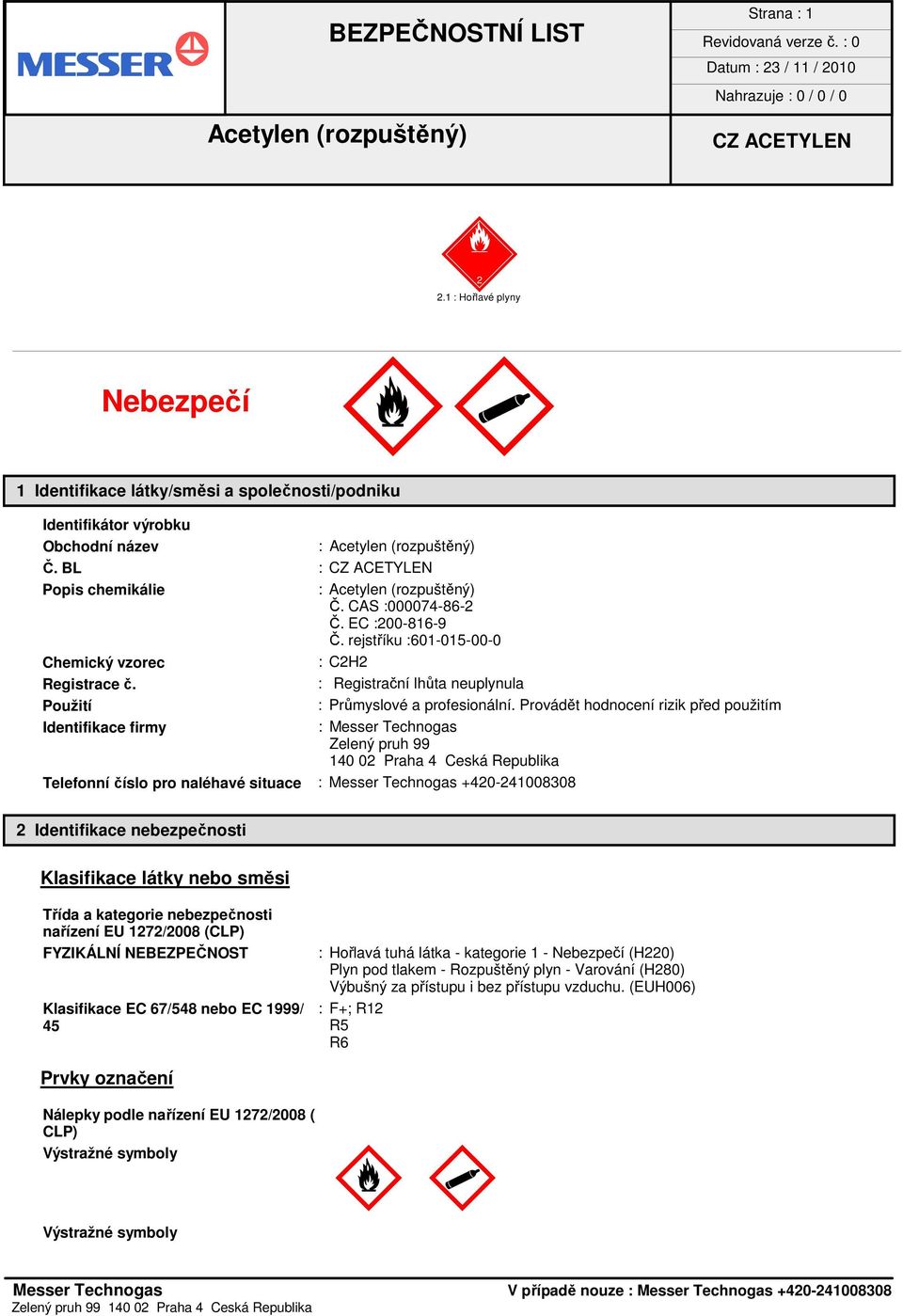 Provádět hodnocení rizik před použitím Identifikace firmy : Messer Technogas Zelený pruh 99 140 02 Praha 4 Ceská Republika Telefonní číslo pro naléhavé situace : Messer Technogas +420-241008308 2