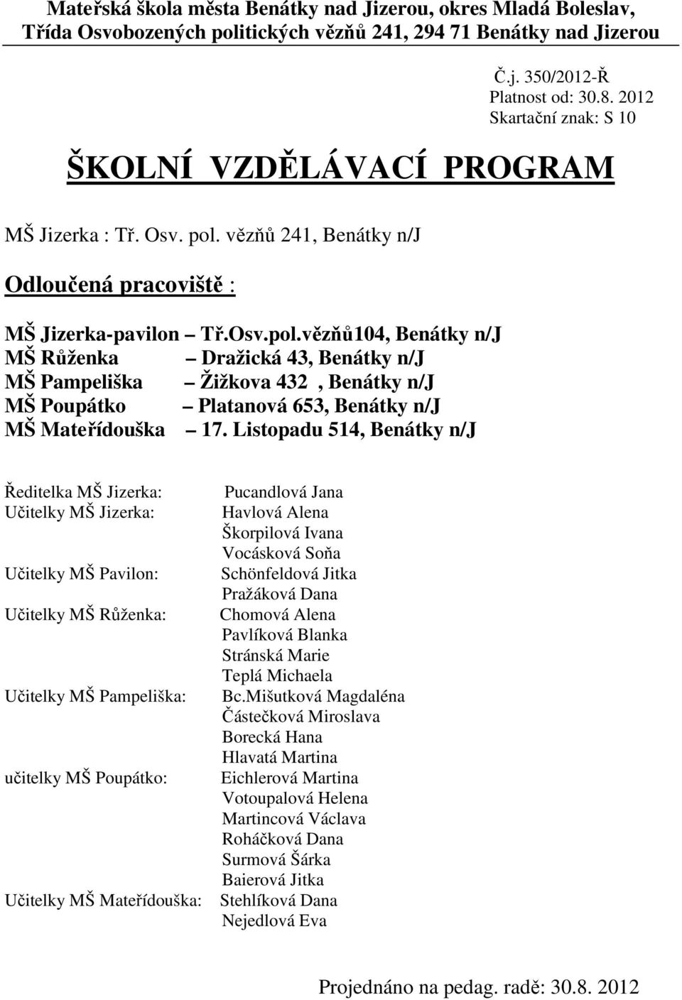 vězňů 241, Benátky n/j Odloučená pracoviště : MŠ Jizerka-pavilon Tř.Osv.pol.