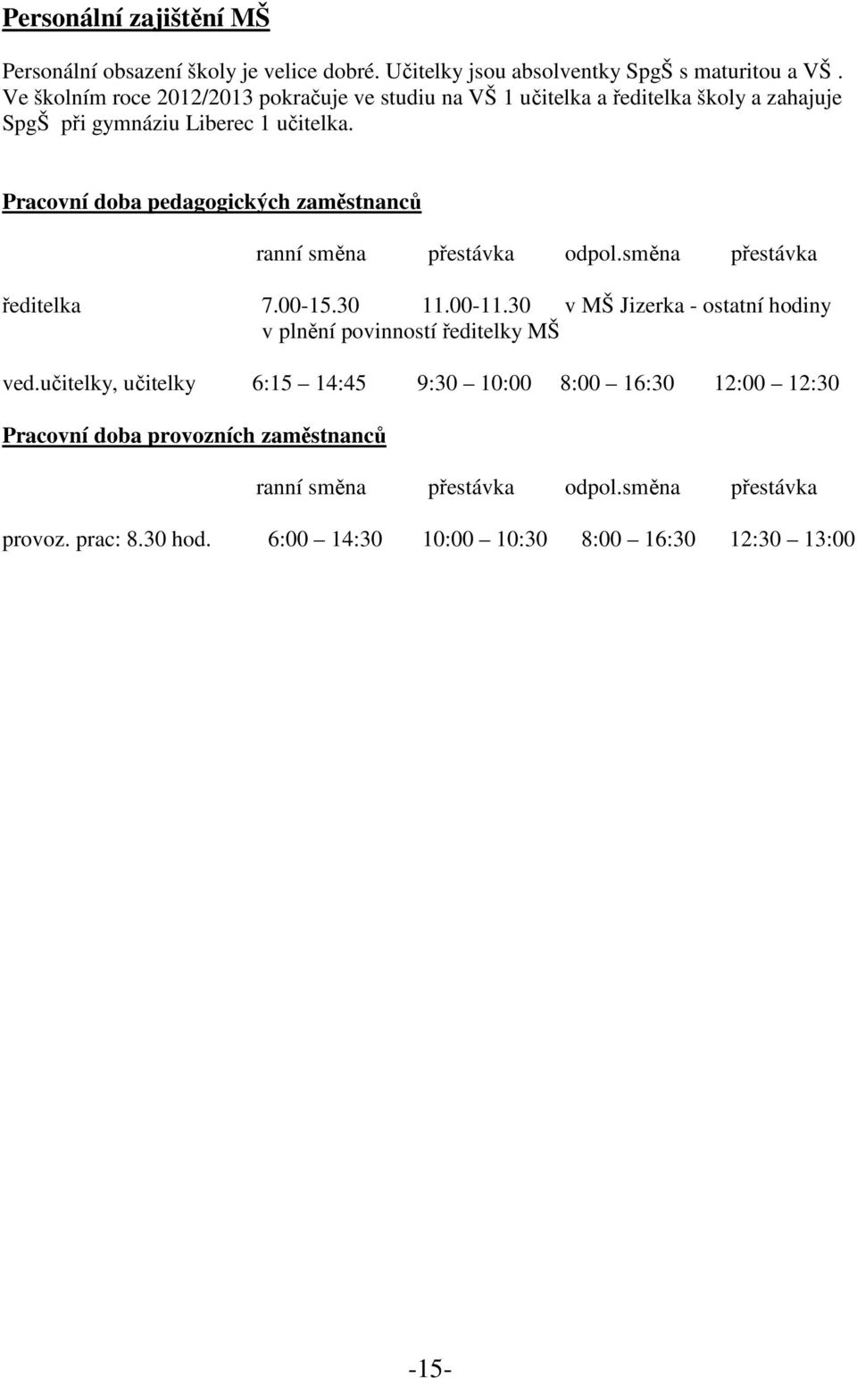 Pracovní doba pedagogických zaměstnanců ranní směna přestávka odpol.směna přestávka ředitelka 7.00-15.30 11.00-11.