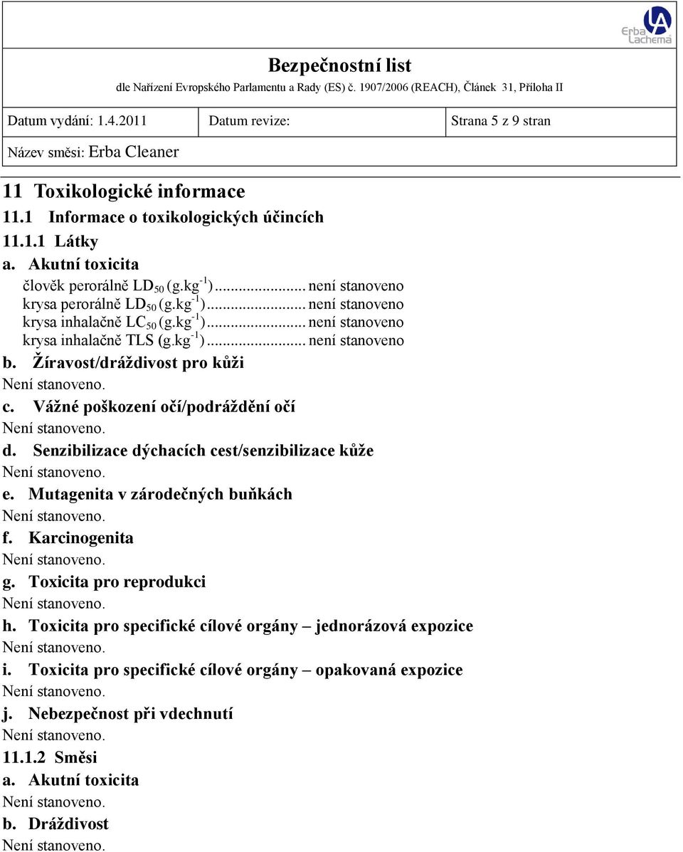 Žíravost/dráždivost pro kůži c. Vážné poškození očí/podráždění očí d. Senzibilizace dýchacích cest/senzibilizace kůže e. Mutagenita v zárodečných buňkách f. Karcinogenita g.