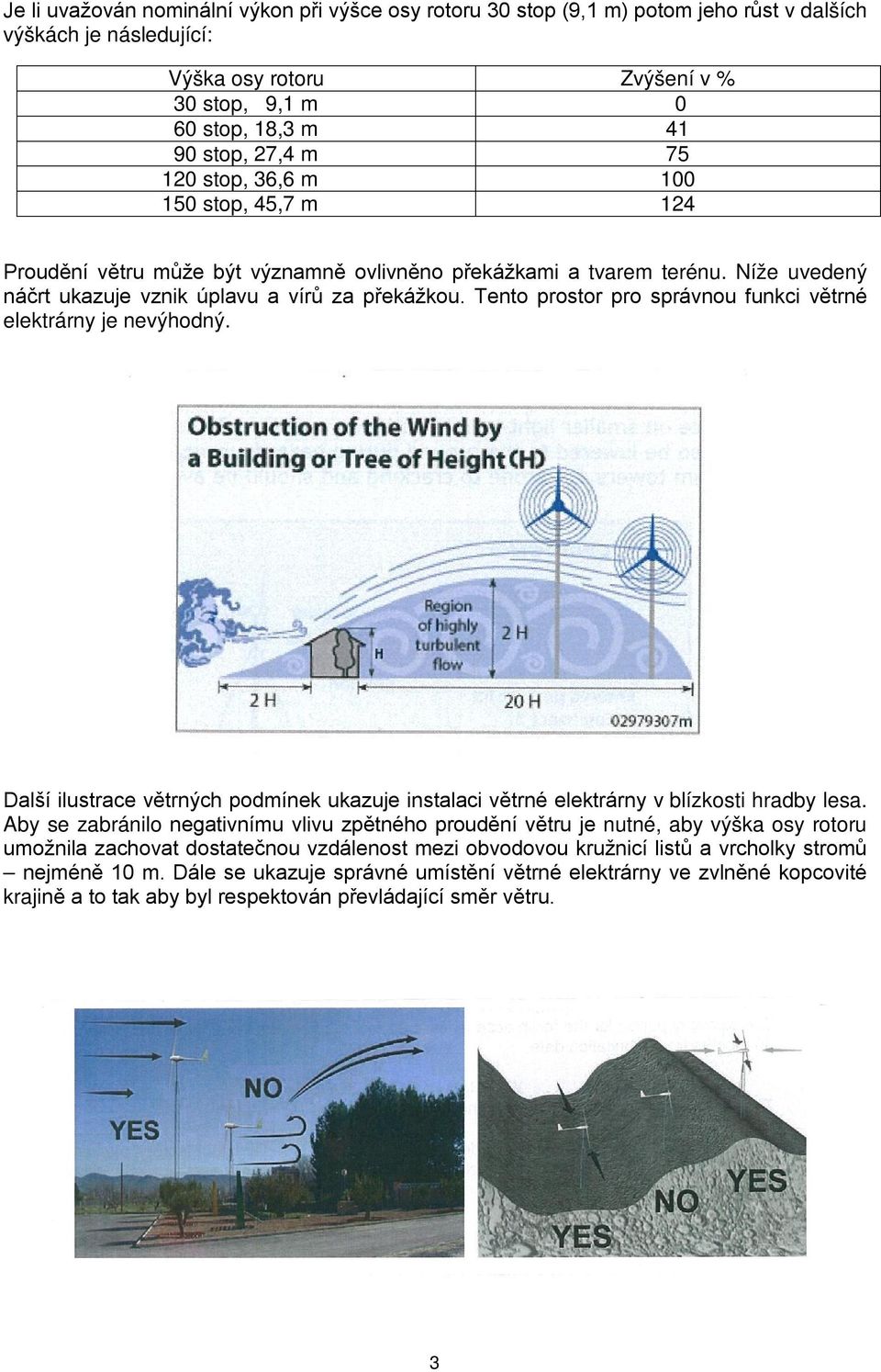 Tento prostor pro správnou funkci větrné elektrárny je nevýhodný. Další ilustrace větrných podmínek ukazuje instalaci větrné elektrárny v blízkosti hradby lesa.