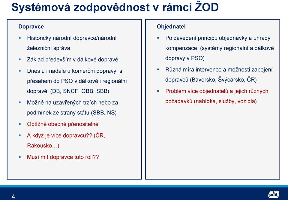 regionální a dálkové dopravy v PSO) Různá míra intervence a moţnosti zapojení dopravců (Bavorsko, Švýcarsko, ČR) Problém více objednatelů a jejich různých poţadavků (nabídka, sluţby, vozidla)