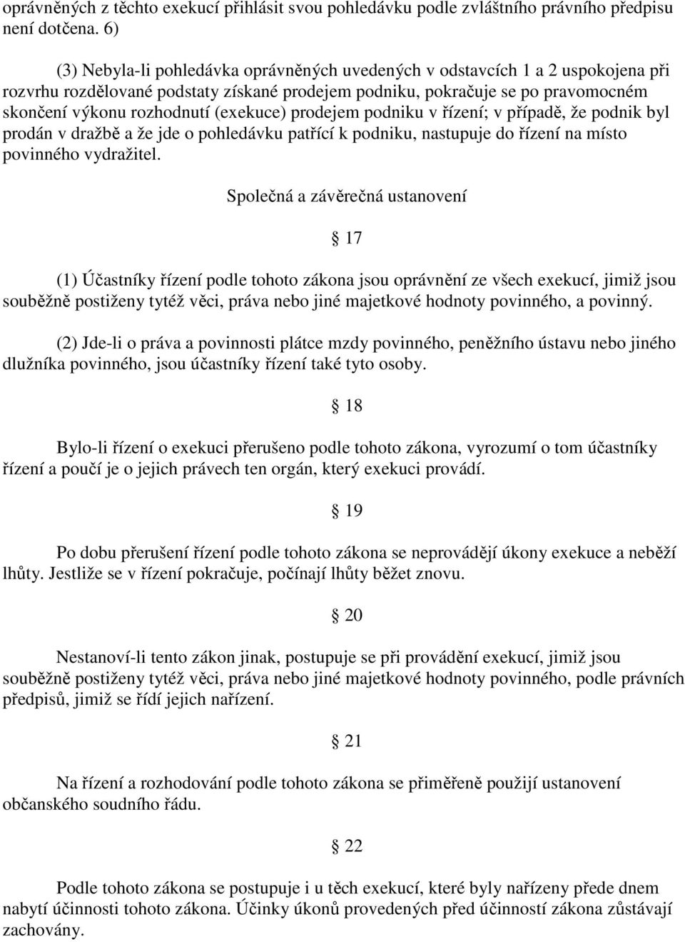 (exekuce) prodejem podniku v řízení; v případě, že podnik byl prodán v dražbě a že jde o pohledávku patřící k podniku, nastupuje do řízení na místo povinného vydražitel.