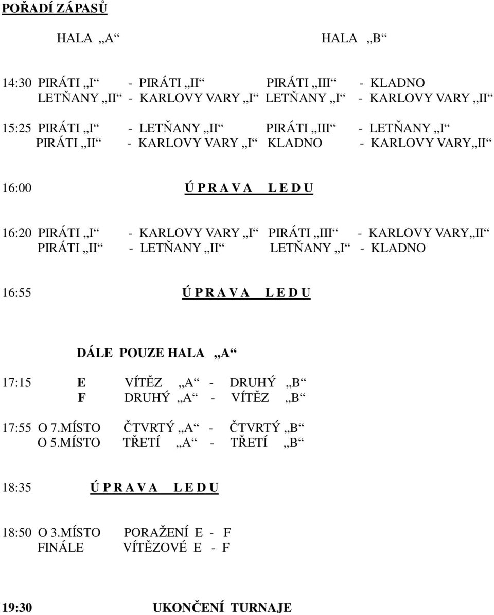 - KARLOVY VARY II PIRÁTI II - LETŇANY II LETŇANY I - KLADNO 16:55 Ú P R A V A L E D U DÁLE POUZE HALA A 17:15 E VÍTĚZ A - DRUHÝ B F DRUHÝ A - VÍTĚZ B