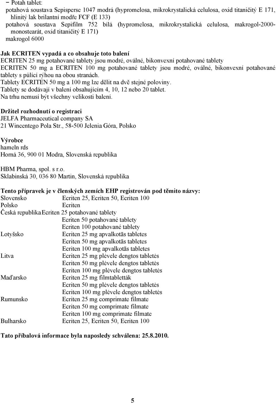 oválné, bikonvexní potahované tablety ECRITEN 50 mg a ECRITEN 100 mg potahované tablety jsou modré, oválné, bikonvexní potahované tablety s půlící rýhou na obou stranách.