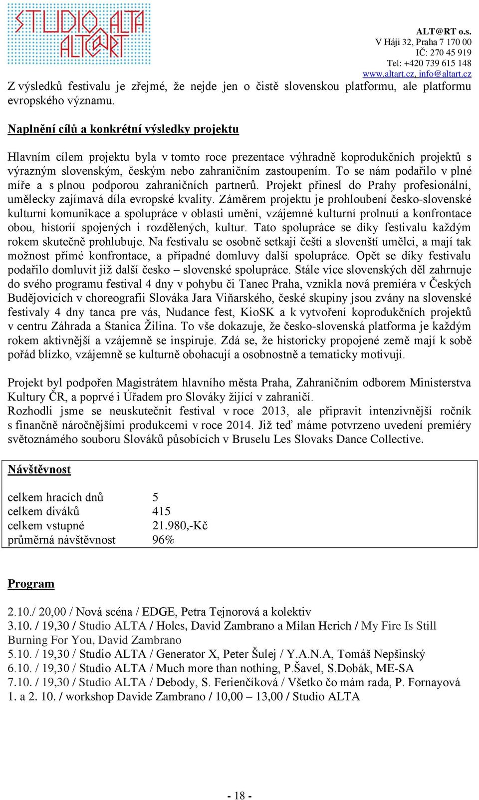 To se nám podařilo v plné míře a s plnou podporou zahraničních partnerů. Projekt přinesl do Prahy profesionální, umělecky zajímavá díla evropské kvality.