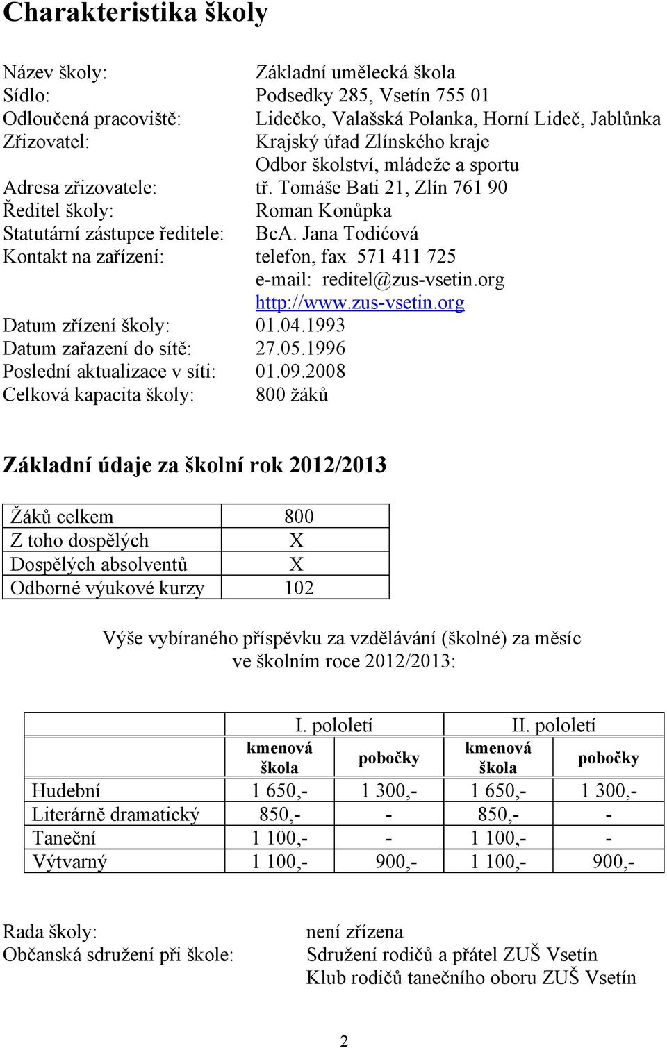 Jana Todićová Kontakt na zařízení: telefon, fax 571 411 725 e-mail: reditel@zus-vsetin.org http://www.zus-vsetin.org Datum zřízení školy: 01.04.1993 Datum zařazení do sítě: 27.05.